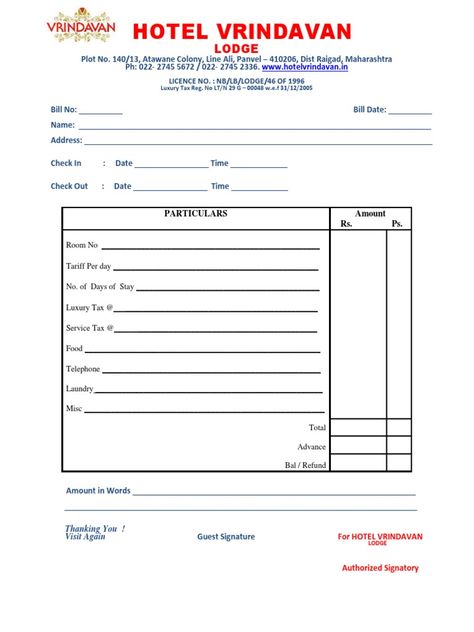 Hotel Vrindavan Lodge provides accommodation in Panvel, Maharashtra. The document is a sample bill from the hotel that details charges for a guest's stay. It lists the guest's name, check-in/out dates and times, room number, nightly room rate, number of nights stayed, and additional charges for luxury tax, service tax, food, telephone, laundry and other miscellaneous items. The total amount due is calculated along with any advance payments made and the remaining balance or refund owed. Hotel Invoice, Memo Format, Bill Format, Hotel Bill, Invoice Format, Invoice Template Word, Bill Template, Invoice Design, Luxury House Interior Design