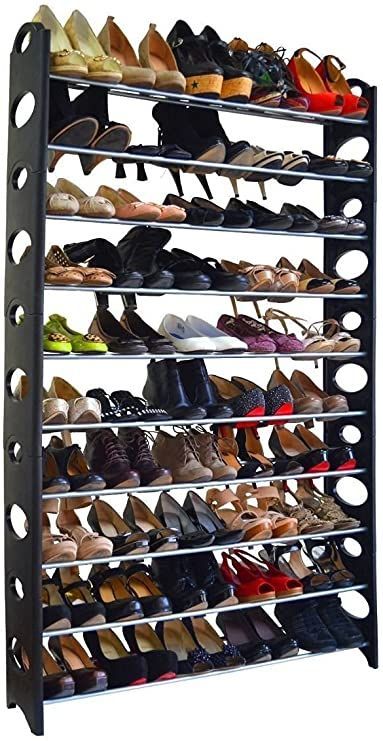 Shoe Rack Diy, Steel Shoe Rack, Shoe Organization, Black Rack, Stackable Shelves, Organization Closet, Stackable Shoe Rack, Diy Shoe Rack, Ribbon Storage