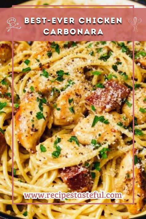 A creamy, comforting pasta dish combining tender chicken, crispy bacon, and rich egg and cheese sauce, perfect for a satisfying meal. Chicken Carbonara Pasta, Cozy Pasta, Comfort Pasta Dishes, Chicken Carbonara Recipe, Italian Chicken Pasta, Chicken Enchilada Casserole Recipe, Chicken Carbonara, Chicken Fettuccine, Cooked Pasta