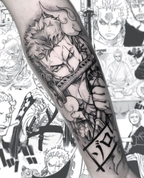 Zoro One Piece Tattoo, Zoro Tattoo, One Piece Tattoo, Ghibli Tattoo, One Piece Tattoos, Pieces Tattoo, Back Of Shoulder Tattoo, Anime Tattoo, Gaming Tattoo