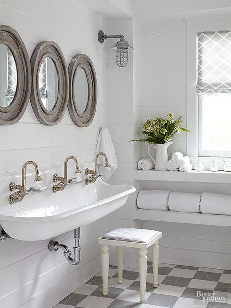 Beautiful white farmhouse bathroom with planked walls, wood mirrrors and large farmhouse sink. Kohler Brockway Sink, Country Cottage Bathroom, Country Bathroom Designs, Cottage Style Bathrooms, Cottage Bathroom Ideas, Vibeke Design, Drawings Tutorials, Bathroom Farmhouse Style, Cottage Bathroom