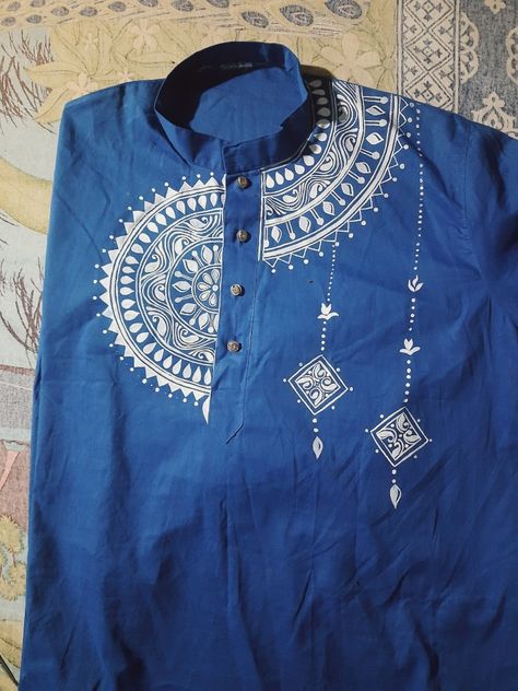 #hand printed design  @handprinted   #panjabi printing Handprint Kurti Design, Hand Printed Kurti Designs, Fabric Work On Punjabi, Hand Painted Panjabi For Men, Punjabi Fabric Design, Panjabi Art Design For Men, Fabric Painting Kurti Design, Kolka Design Panjabi, Panjabi Painting Design For Men