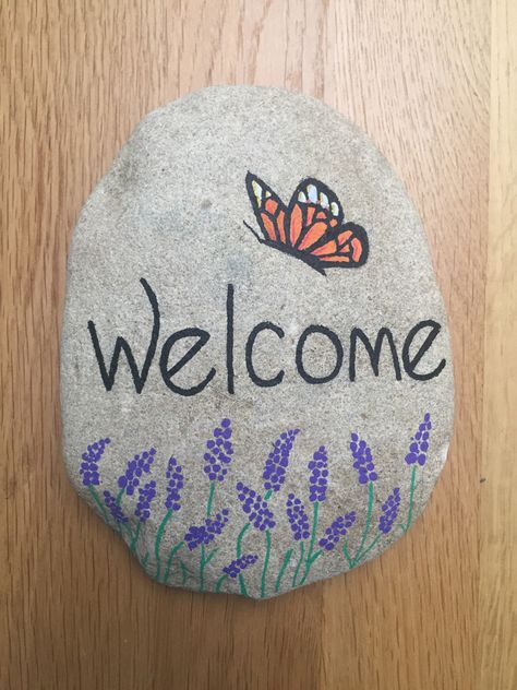 Rock Painting Ideas Welcome, Painted Rock Welcome Sign, Welcome Stones Painted, Welcome Rocks Painted, Welcome Rock Painting Ideas, Painted Rock Butterfly, Rock Painting Ideas Butterfly, Welcome Rock Painting, Stone Painting Flower