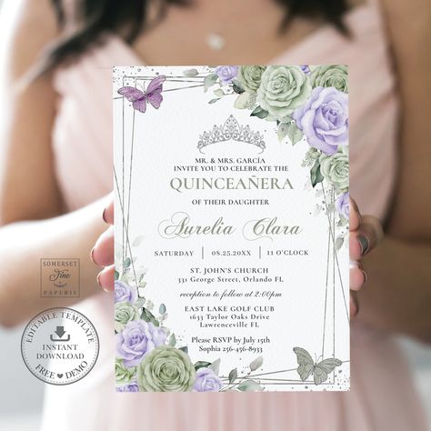 Sage Green And Purple Quince, Sage Green And Lavender Sweet 16, Purple Quince Invitations, Sage Green And Purple, Pastel Sage Green, Quinceañera Invitation, Silver Butterflies, Quinceanera Invitation, Invitation Diy