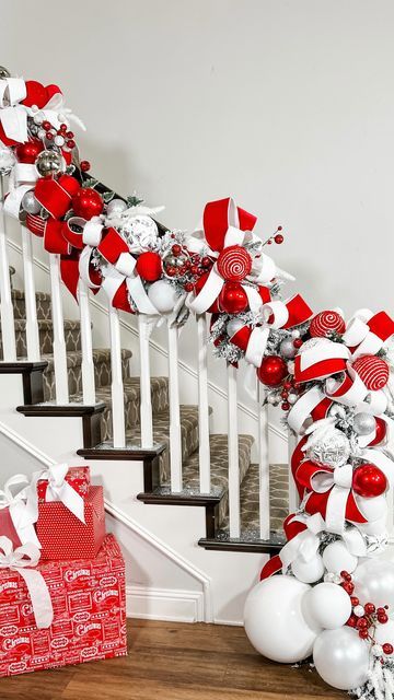 Jeanna Crawford on Instagram: "It’s a classic RED kind of Christmas ❤️ Episode Three of Garland Week is now playing on YOUTUBE: How to Decorate a Whimsical Red Christmas Garland! 🥰 You have seen three completely different garland looks (if you haven’t run over to my YouTube channel -subscribe!- and check them out) ALL full, festive and gorgeous if I do say so myself 😊 More inspiration is headed your way because TOMORROW is what many of you have been waiting for.. THE step by step ball ornamen Red And White Christmas Garland Diy, Red White And Silver Christmas, Red And White Christmas Garland, Candy Cane Staircase, White And Red Christmas Garland, Red And White Christmas Staircase, Ellegant Red And White Christmas Tree, White Christmas Garland, Flocked Garland