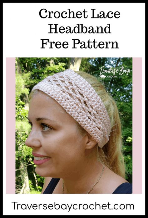 Crochet Lace Headband Free Pattern - Traversebaycrochet.com Crochet Headband Free Pattern, Crochet Lace Headband, Crochet Headband Sizes, Headband Pattern Free, Crochet Head Wrap, Easy Crochet Headband, Crochet Headband Free, Easy Crochet Headbands, Crochet Headband Pattern Free