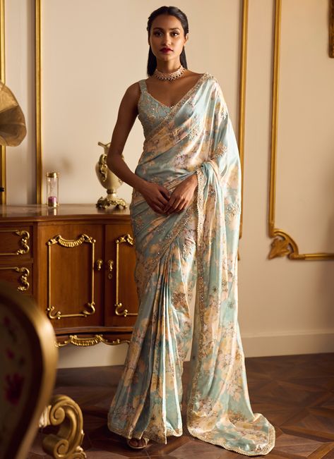 Dusty Mint Floral Printed Saree Sabyasachi Sarees, Simple Saree Designs, Floral Print Sarees, Saree Floral, Floral Saree, Saree Embroidery, Fancy Sarees Party Wear, Traditional Indian Dress, Simple Sarees