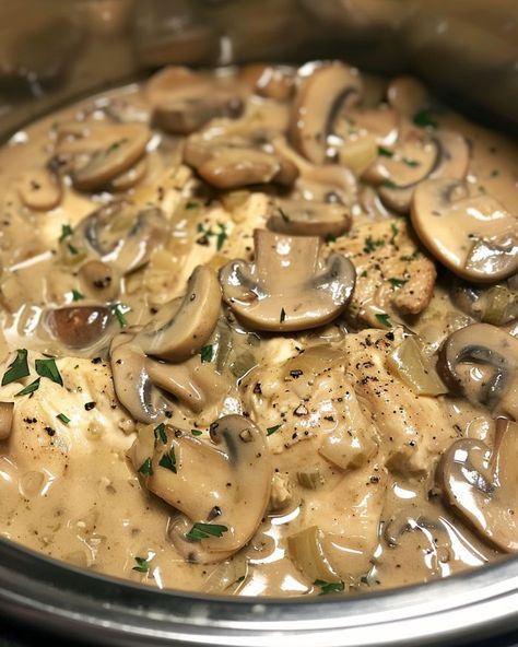 All you need is a few simple ingredients to put together a yummy meal! Slow Cooker Mushroom Chicken, Slow Cooker Swiss Steak, Chicken And Mushrooms, Chicken Mushroom Recipes, Swiss Steak, Crockpot Dishes, Mushroom Chicken, Crockpot Recipes Slow Cooker, Chicken Dishes Recipes