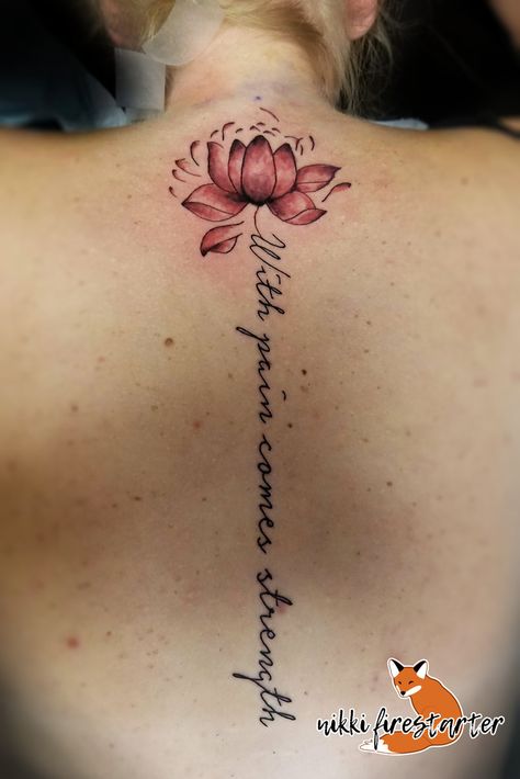 Lotus with a quote, a spine piece that I did during my apprenticeship (July 2018).   http://nikkifirestarter.com  #tattoo #bodyart #bodymod #ink #art #femaleartist #femaletattooist #apprenticetattoo #mnartist #mntattoo #mntattooist #visualart #tattooart #tattoodesign #lotustattoo #quotetattoo #typography #lotus #flower #flowertattoo #floraltattoo Back Tattoo Women Spine, Flower Spine Tattoos, Tattoos For Moms With Kids, Cool Back Tattoos, Tattoos For Moms, Back Tattoos For Guys, Spine Tattoos For Women, Inspiration Tattoos, Spine Tattoo