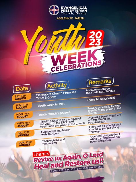 Youth Week Flyer Design, Schedule Design Layout, Monday Prayer, Photoshop Tutorial Photo Editing, Graphic Design Business Card, Graphic Design Tutorials Learning, Church Poster Design, Happy Sunday Quotes, Word Fonts