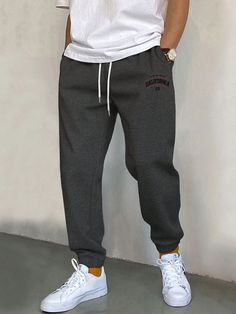 Dark Grey Collar Fabric Letter Jogger Embellished Non-Stretch Men Clothing Dark Grey Sweatpants Outfit, Grey Sweatpants Outfit Men, Gray Sweatpants Outfit, Men Sweatpants, Floral Joggers, Printed Jogger Pants, Drawstring Waist Pants, Cuffed Joggers, Casual Sweatpants