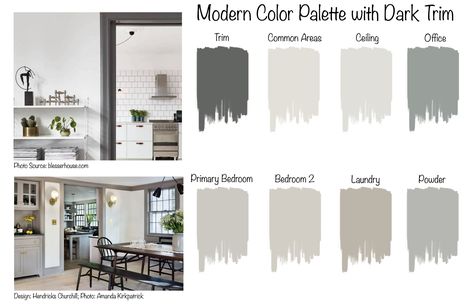 This listing is a digital download of this color palette which details the paint color names and code numbers for Sherwin Williams and Benjamin Moore paint color brands.  The listing also includes a reference guide for paint sheens for different room locations.   A PDF digital download will be available upon purchasing, there is no physical product to wait - and thus no wait time to receive your purchase!  It is always recommended to sample the paint colors prior to committing, as lighting condi White Walls Dark Trim, Light Walls With Dark Trim, Dark Trim Interior, Contrast Trim Colors, Painted Trim Darker Than Walls, White Walls Darker Trim, Dark Trim Light Walls, Paint Color Names, Dark Trim