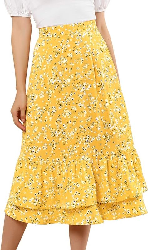 Amazon.com: Allegra K Women's Printed Skirt Chiffon Elastic Waist Ruffle Tiered Flowy Midi Skirts : Clothing, Shoes & Jewelry Long Cotton Skirt, Skirt Chiffon, Blossom Print, Yellow Skirt, Printed Skirt, Floral Print Skirt, Midi Skirts, Summer Skirts, Cotton Skirt