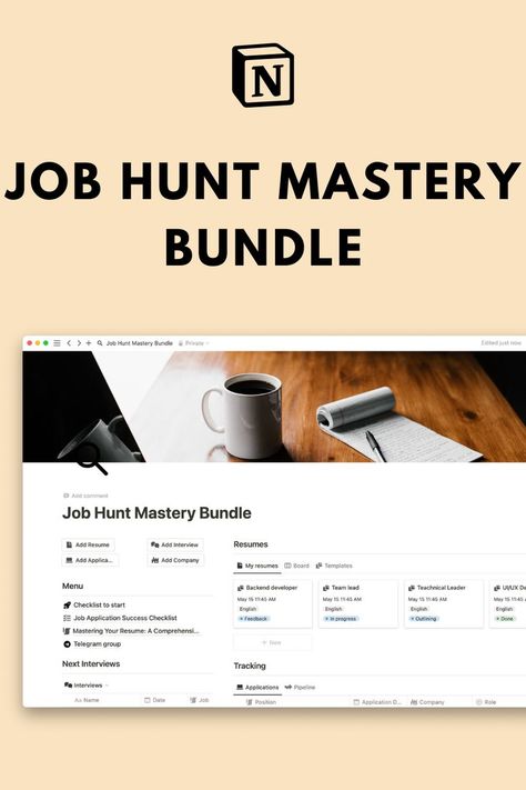 Ace your job search with the Job Hunt Mastery Bundle – your ultimate career toolkit. This notion template contains     Job Application Success Checklist
    5 Notion CV Templates
    Mastering Your Resume' Guide
    Start Checklist
    Exclusive Access to our Telegram Group
    Job tracker
    Applications tracker Job Application Tracker, Resume Guide, Backend Developer, Interview Prep, Resume Builder, Notion Template, Job Application, Cv Template, Job Hunting