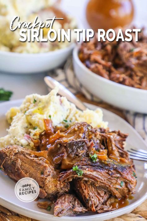 This Crockpot Sirloin Tip Roast is a FAVORITE, whether it’s for a Sunday night dinner or a busy weeknight. The slow cooker makes it easy to transform inexpensive sirloin tip roast into a fall apart tender, juicy cut of beef—you’re not going to believe how flavorful it is! Use the juices from the crockpot to make perfect savory gravy or just serve the roast with au jus for dipping. This is a slow cooker dinner your whole family will love! Crockpot Sirloin Tip Roast, Roast With Au Jus, Sirloin Roast Recipes, Beef Sirloin Tip Roast, Pork Sirloin Roast, Sunday Night Dinner, Asian Steak Bites, Tip Roast, Dinner Crockpot