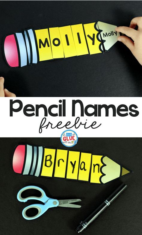 Pencil Names – Name Building Practice Printable comes with eight editable pages, containing two pencils. Each pencil has pieces for two letter names up to nine letter names. Name Building, Name Activities Preschool, Kindergarten Names, Preschool Names, Name Practice, All About Me Preschool, Name Game, Name Crafts, Name Activities