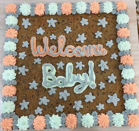 Cookie Baby Shower Theme, Baby Shower Cookie Cake, Cookie Gender Reveal Ideas, Chocolate Chip Cookie Themed Cake, Cookie Monster Theme Baby Shower Ideas, Cake For Baby, Cookie Cake Designs, Cookie Cakes, Baby Boy Cakes