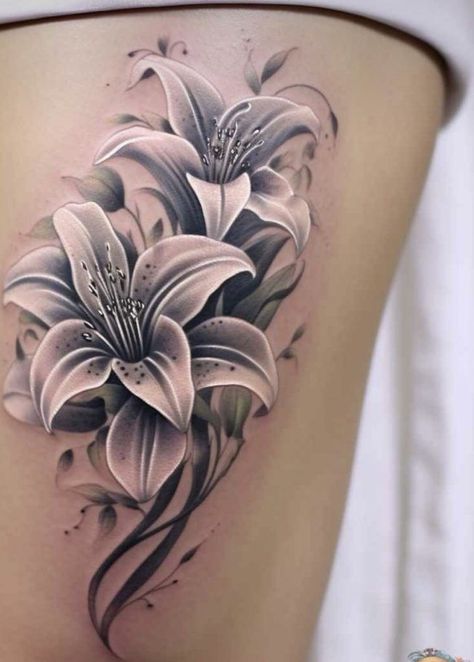 Colored Lily Flower Tattoo, Women Elbow Tattoo, Lily Tattoo Sleeve, Lilly Tattoo Design, Stargazer Lily Tattoo, Tiger Lily Tattoos, Water Lily Tattoos, Lillies Tattoo, Lily Tattoo Design