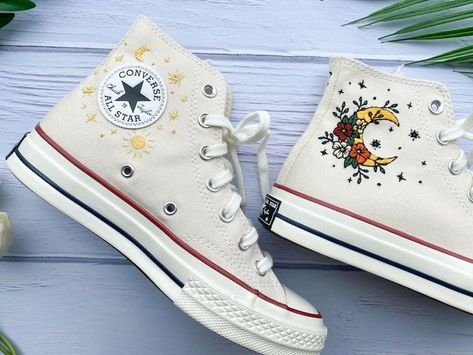 Converse High Tops Custom /Converse Chuck Taylor 1970s Embroidery/ Embroidered Converse Colorful Converse Colorful, Floral Embroidery Shoes, Embroidered Shoes Converse, Converse Embroidery, Floral Converse, Cute Converse Shoes, Shoes Embroidery, Painted Converse, Embroidered Converse