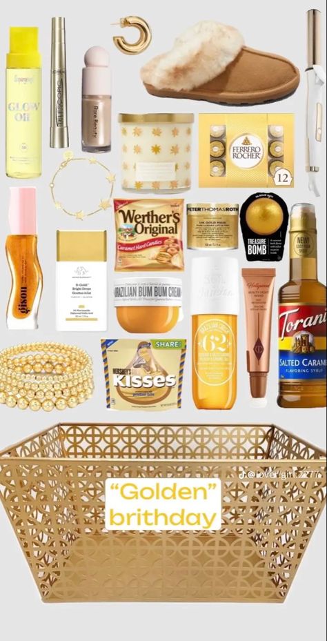 16 Golden Birthday Ideas, Golden Birthday Gift Basket, Golden Birthday Gifts For Her, Golden Birthday Present Ideas, 19th Golden Birthday Ideas, 13th Golden Birthday Ideas, 20th Golden Birthday Ideas, Teenager Party Food, Golden 18th Birthday Ideas