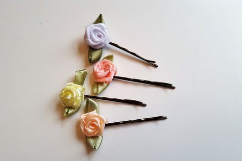 Rose bud satin ribbon flower bobby pin hair clips Diy Hair Clips, Satin Ribbon Flower, Bobby Pin Hair, Bobby Pin Hairstyles, Satin Ribbon Flowers, Hair Clips Diy, Pin Hair, Ribbon Flower, Rose Bud