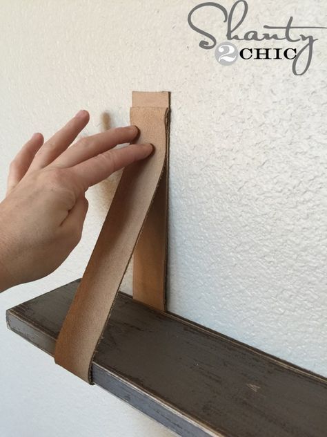 Shelves With Leather Straps, Cozy Cubicle, Blob Mirror, Leather Strap Shelves, Perfect Laundry Room, Diy Shelf Brackets, Diy En Cuir, Simple Bathroom Decor, Shanty 2 Chic