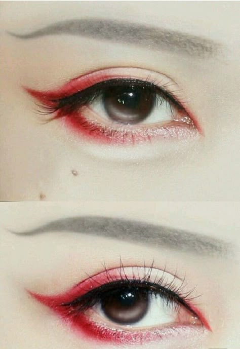 Japanese Red Eye Makeup, Red And White Makeup, Red Eyeliner Looks, Red Eyeliner Makeup, Japan Makeup, Anime Eye Makeup, Red Eyeliner, Red Eye Makeup, Cute Eye Makeup