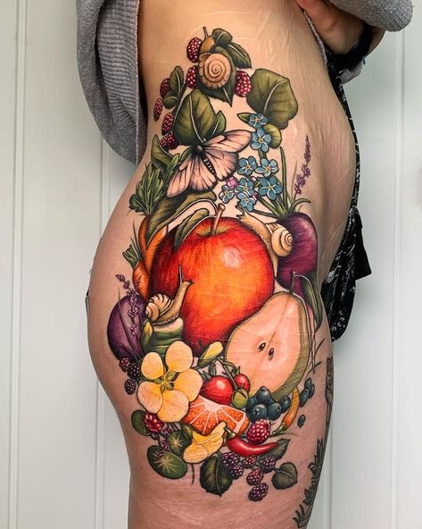 Vibrant Floral Tattoo, Fruit And Vegetable Tattoo, Fruit Sleeve Tattoo, Fruit Tattoo Sleeve, Neo Trad Flowers, Botanical Tattoo Sleeve, Vegetable Tattoo, Neck Ideas, Fruit Tattoo