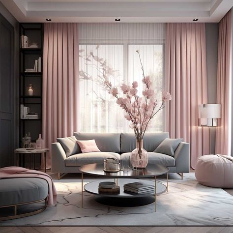 Dark Gray And Pink Living Room, Grey Pink And White Living Room, Blush Pink And Grey Living Room, Pink And Grey Dining Room, Living Room Color Schemes Modern, Grey Pink Living Room, Pink Gray Living Room, Pink Grey Living Room, Cool Tone Living Room