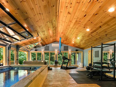 Endless Pools swimming pool in a home gym addition Gym And Pool Design, Outdoor Pool Room, Pool House And Gym, Indoor Pool With Gym, Indoor Endless Pool, Gym Pool House, Home Gym With Pool, Endless Pool Indoor, Interior Pool Design