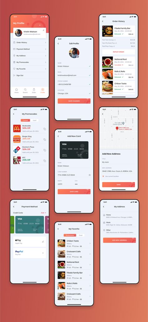 Order History Ui Mobile, Food Delivery App Ui Design, App Design Profile, App Sketch, Profile App, Flow App, Login Page Design, Food Ordering App, Ux Design Mobile