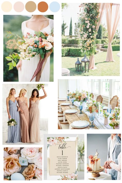 A beautiful neutral tone and earth tone wedding color palette, with beige, dusty rose, toffee, rust orange and pale blue hues. Peach Orange Dusty Blue Wedding, Dusty Blue And Apricot Wedding, Pink Blue Tan Wedding, Rust Dusty Blue Wedding, Neutral Blue Wedding Colors, Dusty Blue Wedding Palette Color Schemes, Blue Tones Wedding, Pale Wedding Colors, Romantic Color Palette Wedding