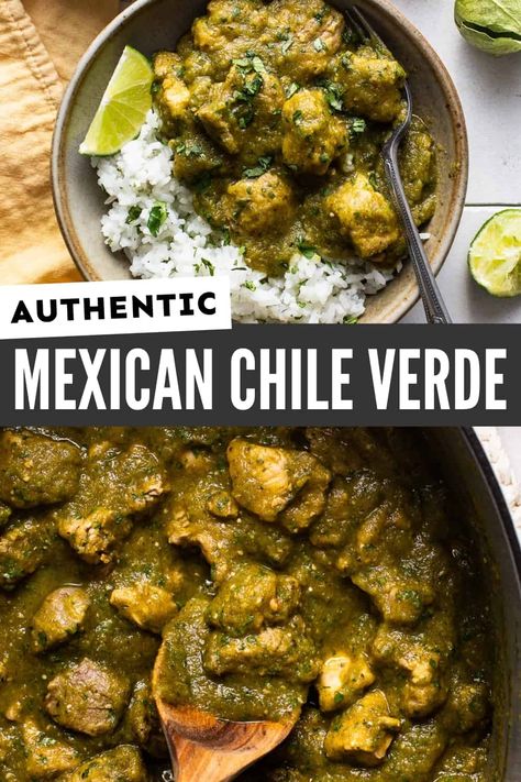 Chile verde made from tender pieces of pork simmered in a flavorful tomatillo and green chile sauce. Serve over rice for an authentic Mexican dish! Chili Verde Pork Authentic Crockpot, Crockpot Chile Verde, Pork Chili Verde Recipe, Chili Verde Sauce, Pork Green Chili, Pork Verde, Pork Green Chile, Green Chile Pork, Chili Verde Recipe