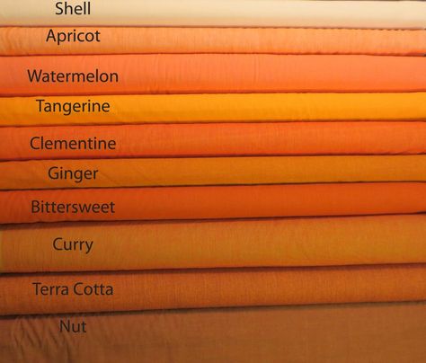 Kaffe Fassett Shot Cottons - Orange Color Chart Types Of Orange Color, Different Shades Of Orange, Orange Shades, Sunset Orange Color, Orange Colours Shades, Orange Color Swatch, Orange Pantone Shades, Orange Color Shades, Colour Shade Card