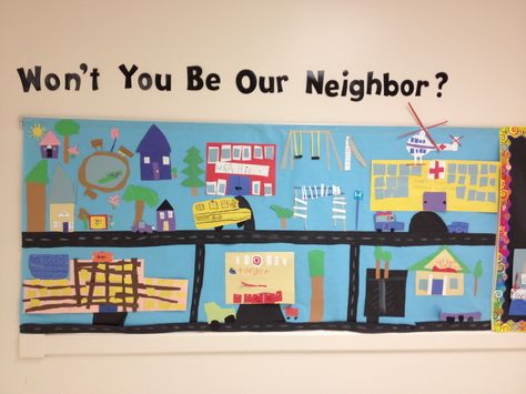 Our class neighborhood project, completed by student groups. Great culminating activity. Community Kindergarten Activities, Community Helper Craft Kindergarten, Neighborhood Bulletin Board Ideas, Neighborhood Activities Preschool, Neighborhood Theme Preschool, Our Neighborhood Preschool Activities, Neighbourhood Theme Preschool, Preschool Neighborhood Theme Activities, Preschool Neighborhood Craft