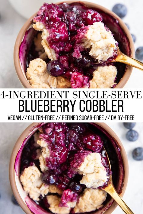 Easy Single-Serve Blueberry Cobbler made gluten-free, vegan, refined sugar-free, and dairy-free. This simple single-serve treat is blasted with fresh blueberry flavor with an incredible buttery crumble topping. #cobbler #blueberry #blueberries #dessert #vegan #glutenfree #healthy #vegandrecipes Sugar Free Blueberry Cobbler, Simple Dairy Free Dessert, Healthy Berry Dessert, Df Gf Desserts, Gluten Free Individual Desserts, Low Calorie Gluten Free Desserts, Anti Inflammation Desserts, Gluten And Dairy Free Desserts, Ww 2023