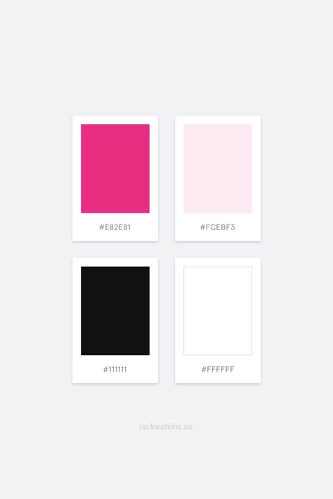 Bright, colourful and modern brand color palette, curated by Jack Watkins, a branding and website designer for visionary entrepreneurs. Ultra bright pink, fuchsia, muted blush pink, black and white.    #color #colour #colourful #colorpalette #colourpalette Black Pink Colour Palette, Black White And Pink Color Palette, Modern Branding Color Palette Pink, Bright Color Palette With Black, Black White Pink Branding, Black Pink Branding, Pink Black Branding, Cool Pink Color Palette, Pink And Black Colour Palette