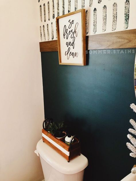 If you've looked up DIY sponge wall lately, you may have come across my pictures and/or my post about how to do it.Here's the post if you're wondering how to do it - https://www.hometalk.com/43451881/sponge-wall-yes-you-read-that-correctlyAnyways, I did that DIY about a year ago now and still love it, but I've been wanting a little bit of a change while still keeping the overall vibe. I did this project for around $15, cost of wood and liquid nails I had everything else on hand, and am… Teal Bathroom Accent Wall, Half Painted Bathroom Wall, Simple Accent Wall Ideas Bathroom, Sponge Painting Walls Ideas Bathroom, Stencilled Bathroom Wall, Half Painted Wall Bathroom, Sponge Wall Diy, Blue Accent Wall Bathroom, Diy Sponge Accent Walls Bathroom