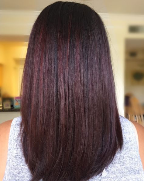 Hair by Vanessa. Glaze over old balayage. #Redkenshades 5RV, 6RB, shot of red and yellow kicker. Dark Red Balayage Straight Hair, Dark Red Hair Highlights On Black Hair, Red Balayage Straight Hair, 5rv Hair Color, Asian Red Hair Balayage, Red Glaze On Brown Hair, Balayage Straight Hair Brunette, Subtle Red Highlights In Brown Hair, Red Highlights In Brown Hair