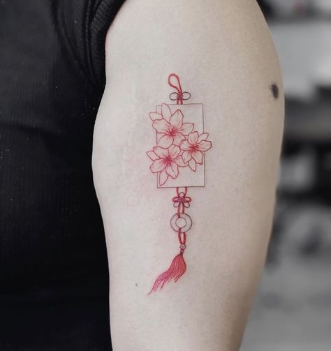 Sakura Fan Tattoo, Dainty Japanese Tattoo, Small Filler Tattoos For Women, Japanese Lucky Charm Tattoo, Minimalist Japanese Tattoo, Chinese Charm Tattoo, Vietnamese Inspired Tattoo, Chinese Knot Tattoo, Filipino Inspired Tattoo