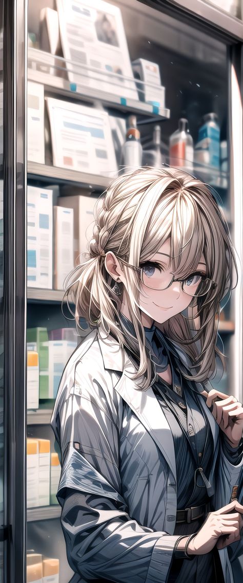 Violet evergarden, Ali AJ Art, AI generated, pharmacy, pharmacist, lab coat, glasses, mobile wallpaper Pharmacist Wallpaper, Anime Scientist, Women's Lab Coats, Violet Evergarden, Background Ideas, Science Student, Pharmacist, Art Beautiful, Anime Background