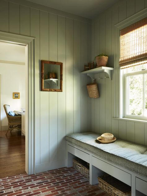 Copper Beech Cottage · Found Design Painted Paneling Kitchen, New England Cottage Interiors, Cottage Mudroom, Painted Beadboard, Knotty Pine Paneling, New England Cottage, Bead Board Walls, Family Room Addition, Copper Beech