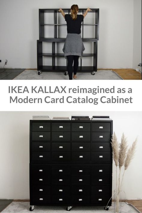 KALLAX reimagined as a Modern Card Catalog Cabinet. Easy DIY to transform the IKEA KALLAX into an apothecary cabinet with real drawers. Ikea Kallax Hack Storage Cabinets, Kallax Upcycle Ikea Furniture, Black Kallax Ikea Ideas, Ikea Kallax Drawers Hack, Kallax Art Studio, Kallax With Drawers, Kallax Apothecary, Kallax Cabinet Hack, Ikea Apothecary Hack