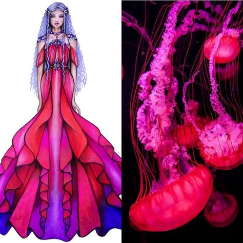 Jellyfish Mermaid inspired fashion illustration dress by @ursulaillustration Mermaid Inspired Fashion, Inspired Fashion Illustration, Sea Inspired Fashion, Jellyfish Dress, Jellyfish Mermaid, Illustration Dress, Animals Jokes, Fashion Collection Inspiration, Fish Dress