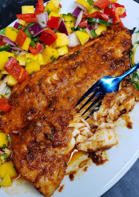 Oven Baked Cod with Lemon and Garlic Mediterranean Baked Fish, Oven Baked Cod, Red Snapper, Baked Fish, Mango Salsa, Oven Baked, Fresh Herbs, Garlic, Mango