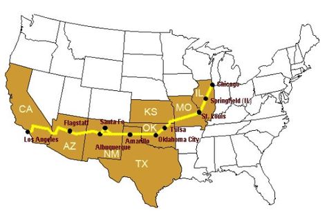 1985, on June 27, the iconic Route 66 enters the realm of history, when the American Association of State Highway and Transportation Officials decertifies the road and votes to remove all its highway signs. Measuring some 2,448 miles (3940 km) in its heyday, Route 66 stretched from Chicago, Illinois to Santa Monica, California... Route 66 Map, Route 66 Trip, Route 66 Road Trip, Rv Trip, Historic Route 66, Free Maps, Travel Route, Today In History, Usa Map