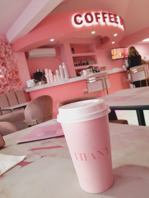 #coffee #pink #lavieenrose #girlboss #cafeteria Pink Coffee Cup Aesthetic, Bakery Aesthetic Pink, Pink Coffee Shop Aesthetic, Pink Bookstore, Pink Coffee Aesthetic, Pink Cafe Aesthetic, Romance Bookstore, Pink Coffee Shop, Kat Singleton