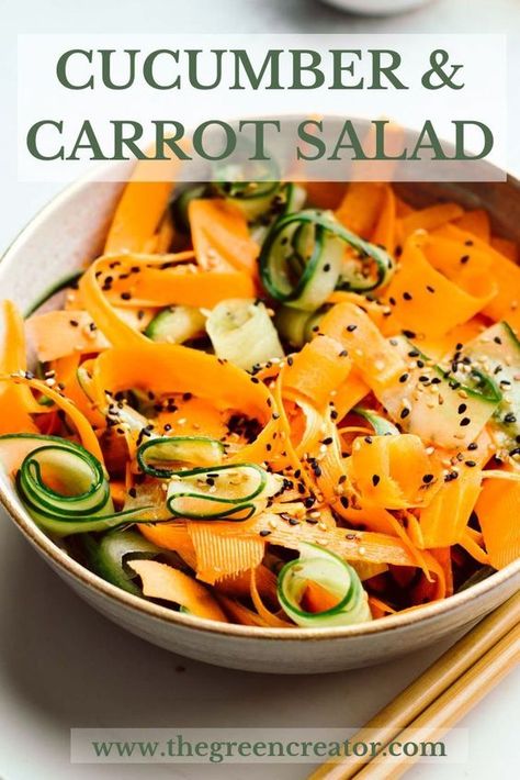 This crunchy cucumber and carrot salad is an Asian-inspired recipe and a fresh and flavorful salad or side dish. This salad is ready to be served in 15 minutes. www.thegreencreator.com - #vegan #plantbased #asianrecipe #asianinspired #asiansalad #salad #sidedish #lunch #dinner #glutenfree #glutenfreevegan Asian Cucumber And Carrot Salad, Asian Carrot Recipes, Asian Carrots Recipe, Spicy Carrot Salad, Almond Flour Scones, Asian Salad Recipes, Cucumber Carrot Salad, Bacon Dip Recipes, Cheesy Bacon Dip