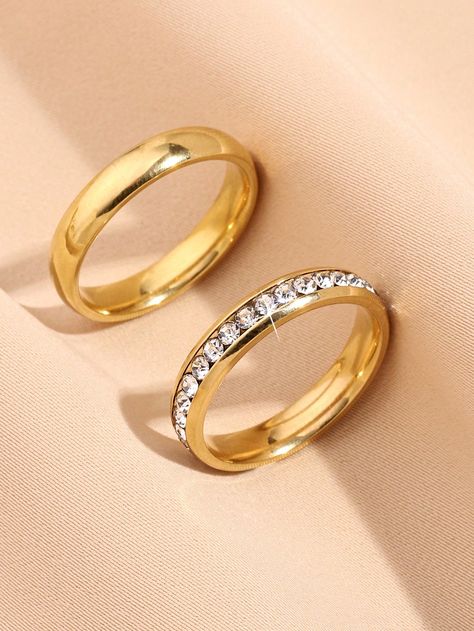 2pcs/Set Of Gold-Yellow Rings Inlaid With A Full Circle Of Diamonds And A Smooth Simple Plain Ring, Suitable For Male And Female Couples To Wear, Wedding Rings, Couple Rings, Or Daily Decoration As Gifts Yellow Gold    Stainless Steel     Women Fashion Jewelry, size features are:Bust: ,Length: ,Sleeve Length: Daily Wear Rings For Women, Wedding Rings Couple, Pretty Engagement Rings, Plain Ring, Plain Rings, Yellow Rings, Plan My Wedding, Gold Collar, Watches Women Fashion