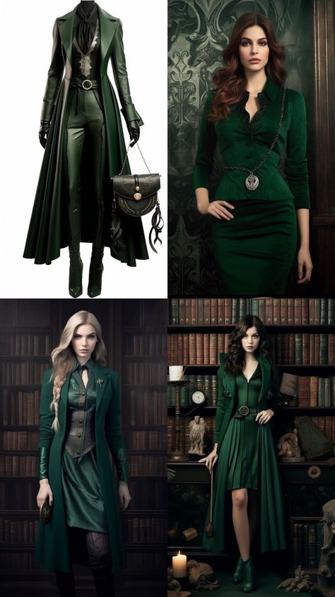 Medieval Inspired Outfits Modern, Modern Fantasy Aesthetic Outfit, Hogwarts Professor Outfit, Modern Wizard Fashion, Harry Potter Fashion Outfits, Green Fantasy Outfit, Modern Slytherin Outfit, Modern Fantasy Clothing, Modern Royal Outfits